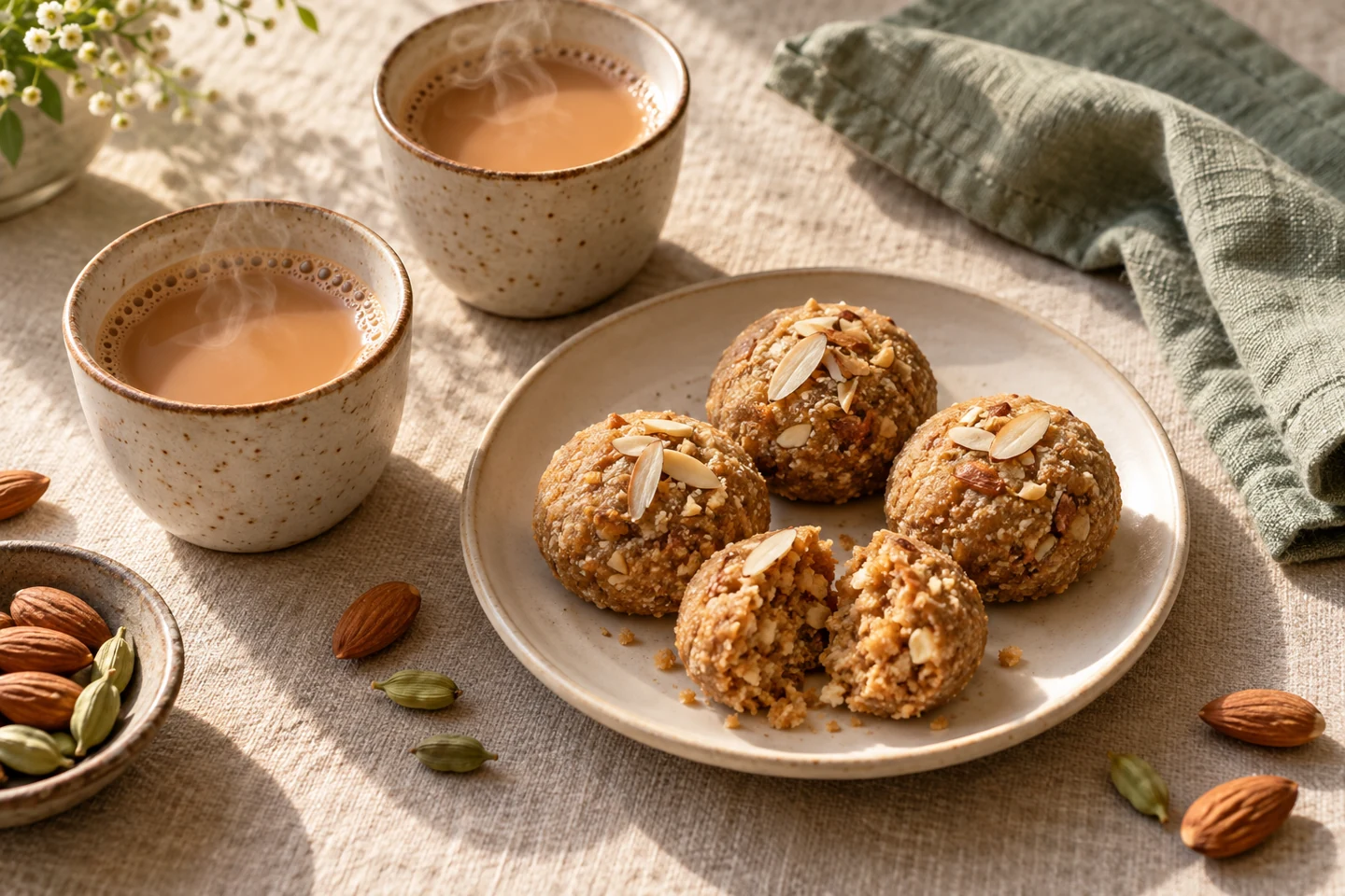 Illustrative chai-time scene with cups of tea and traditional pinnis